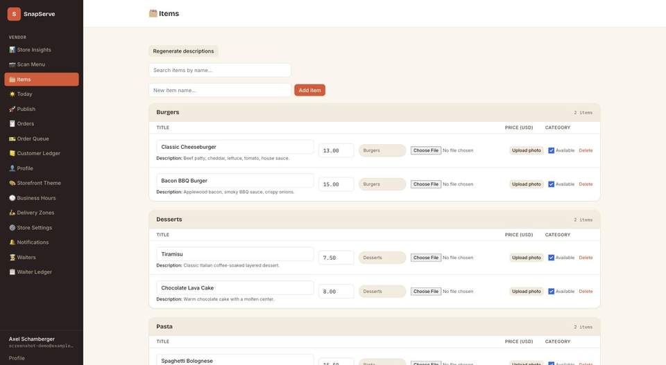 The Items screen showing AI-extracted dishes, prices, and categories ready to confirm