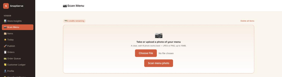 The Scan Menu screen: upload or take a photo of your paper menu