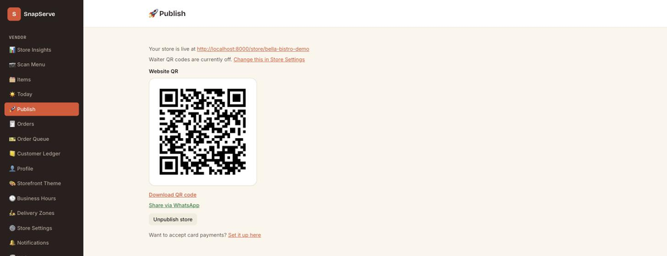The Publish screen with a live store link and downloadable QR code
